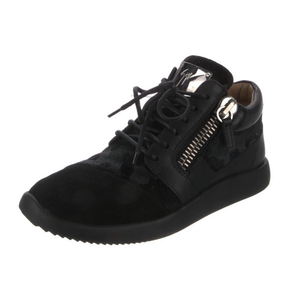 Giuseppe Zanotti Black Suede & Leather Lace-Up Sneaker with Side Zip